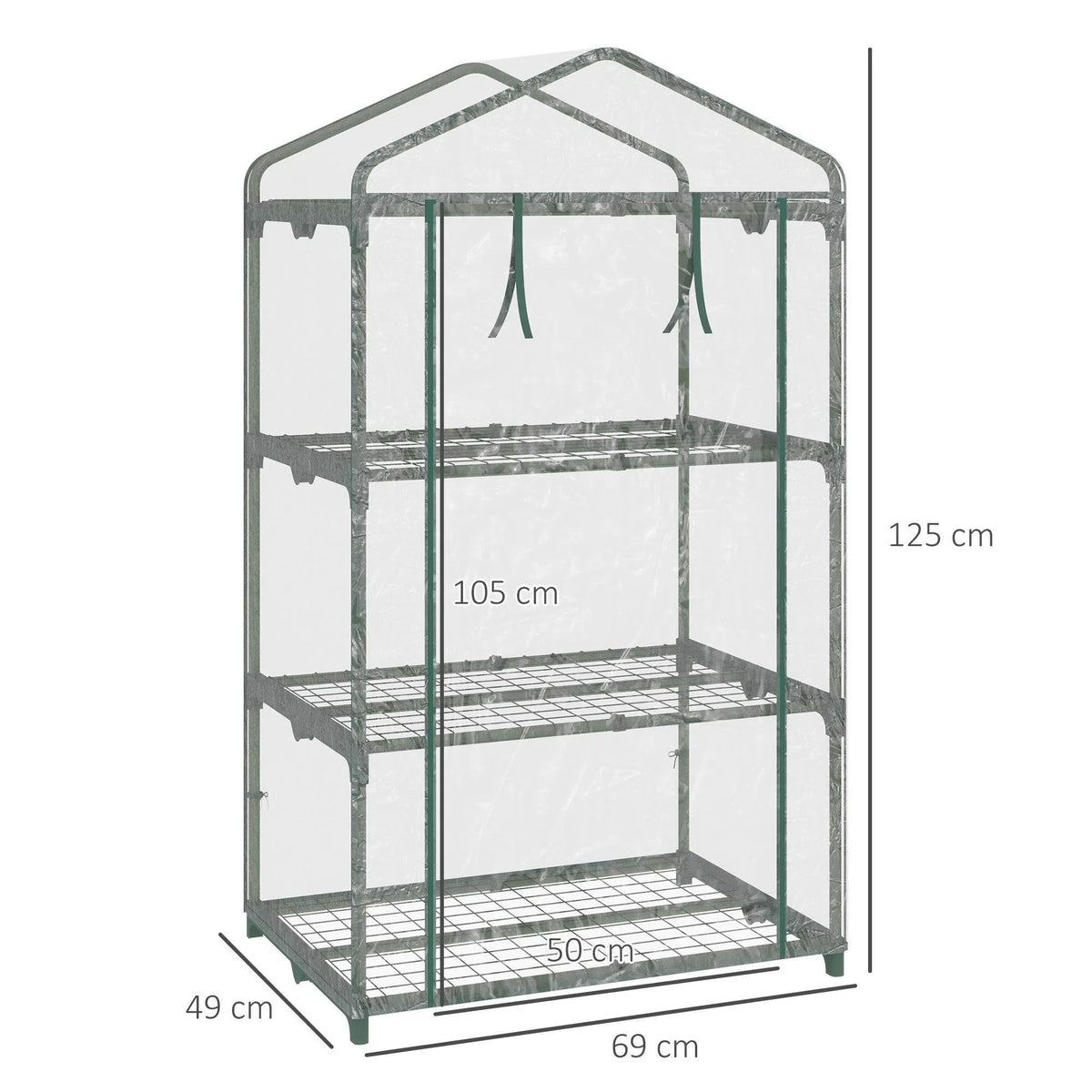Portable mini greenhouse with 3-tier wire shelves, clear PVC panels and green metal frame