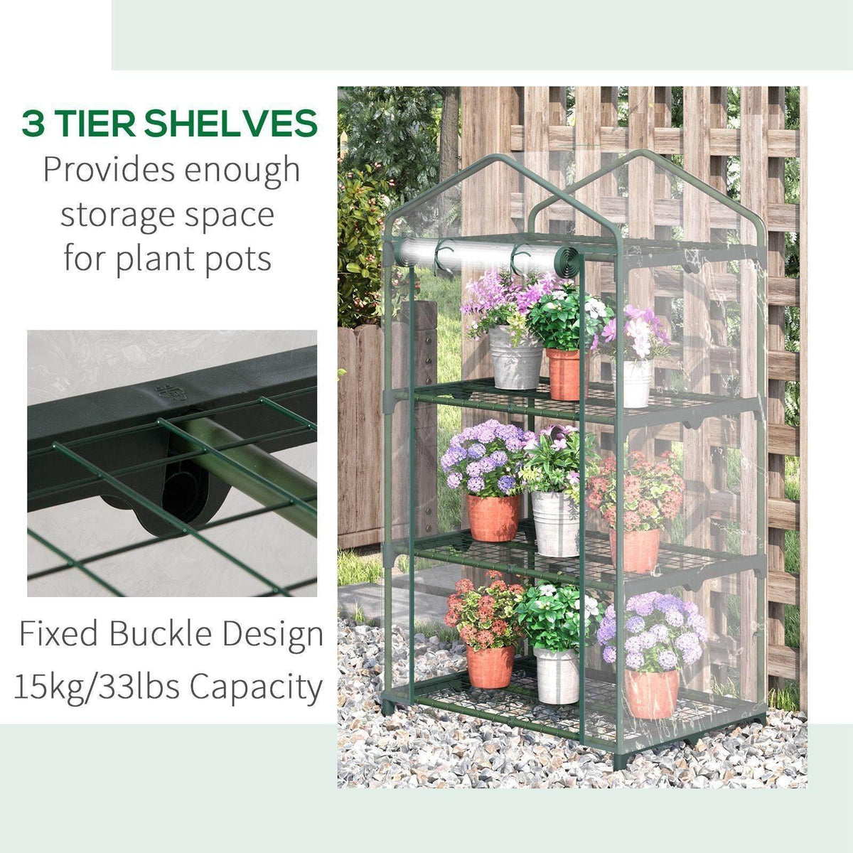 3-tier mini greenhouse with fixed buckle joints and clear cover, green frame