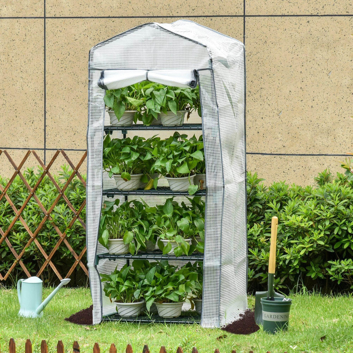 Portable mini greenhouse with metal frame, zippered white cover, front open