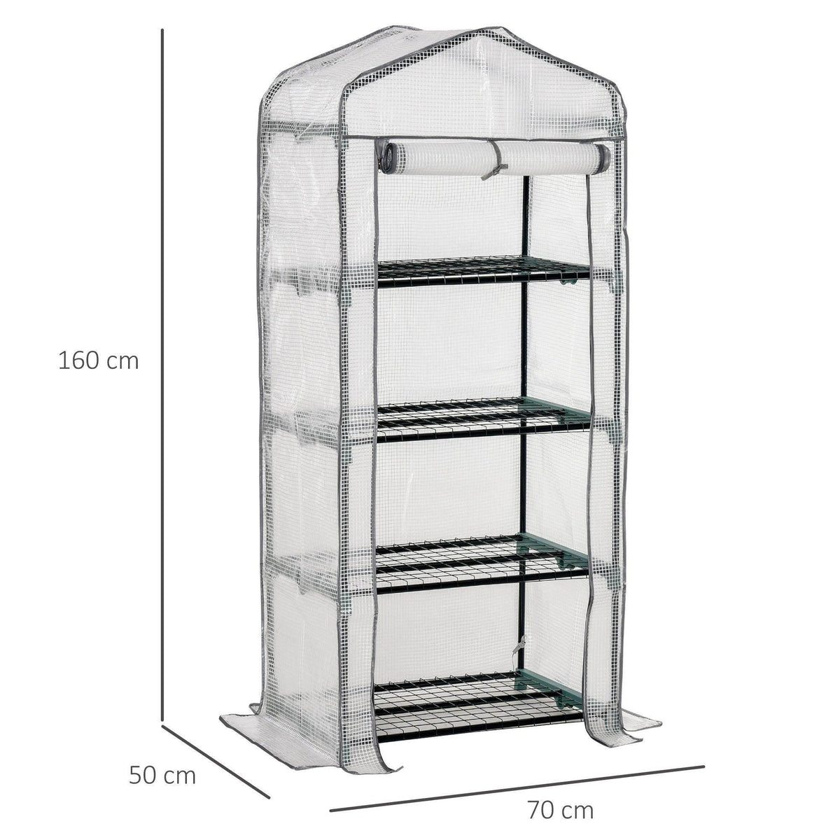 Portable mini greenhouse with 4-tier dark metal shelves, white mesh cover