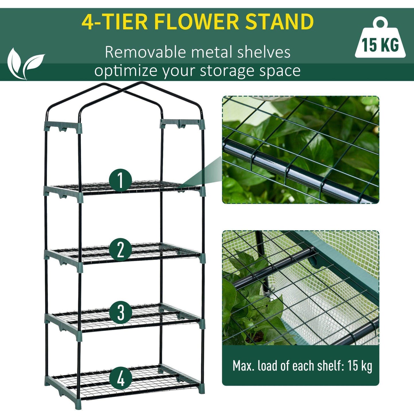 4-tier metal plant stand with green frame and removable shelf supports