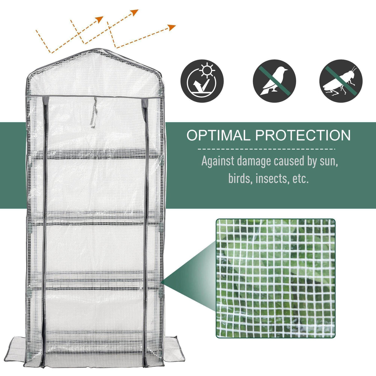 Portable mini greenhouse with white mesh cover and zippered front door, upright