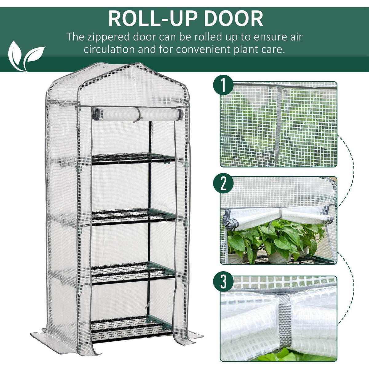 Portable mini greenhouse with roll-up zippered door and 4 metal shelves
