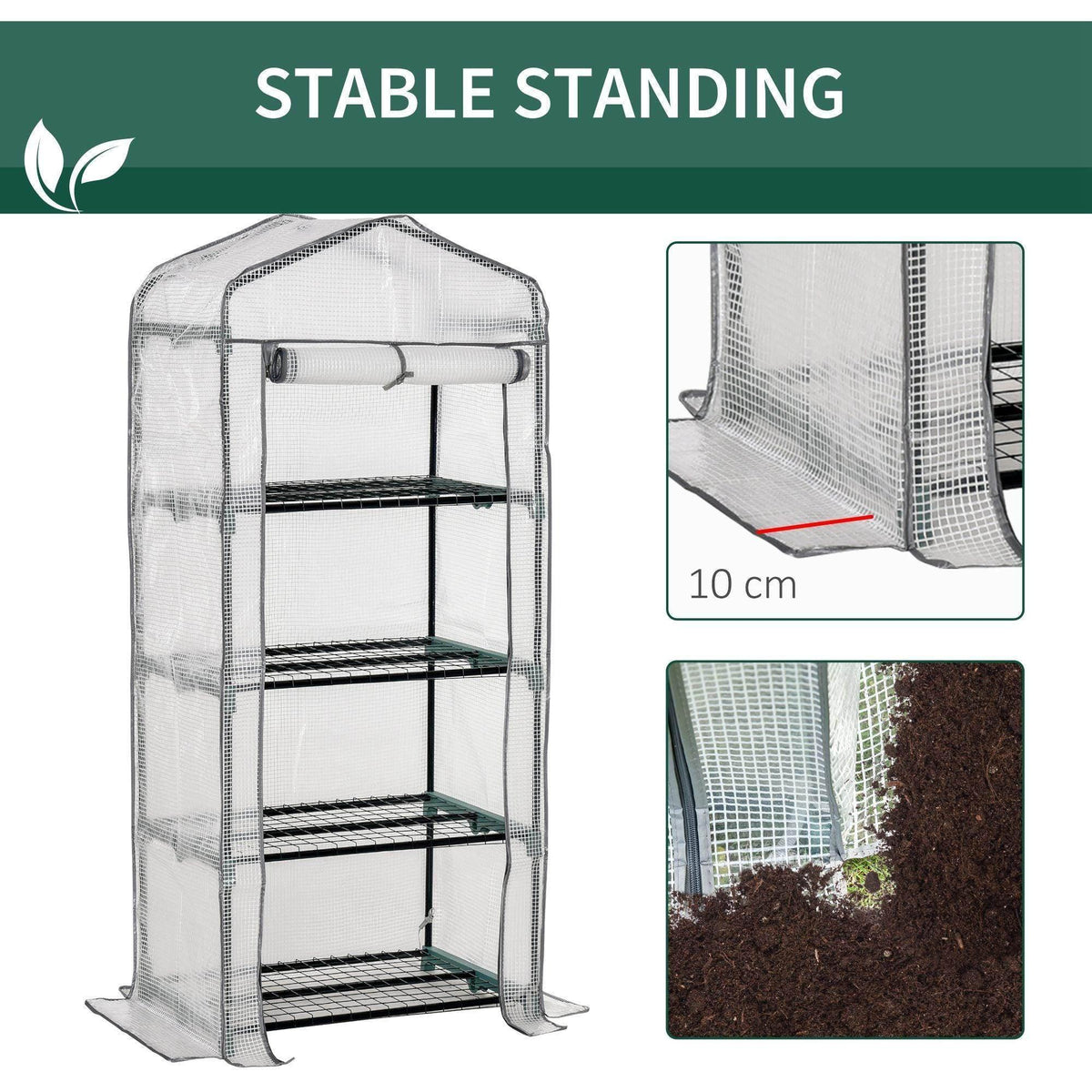 Portable mini greenhouse with metal frame and white mesh cover on stable legs