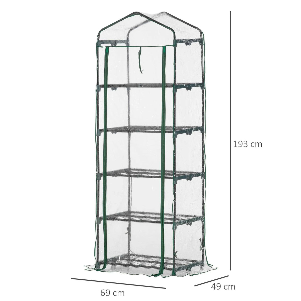 Green metal portable greenhouse with clear cover and arched roof, no plants inside