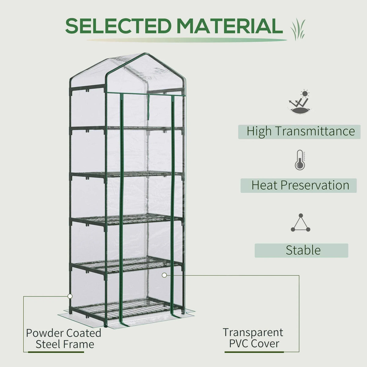 Mini greenhouse with green powder-coated steel frame and clear PVC cover, multiple shelves
