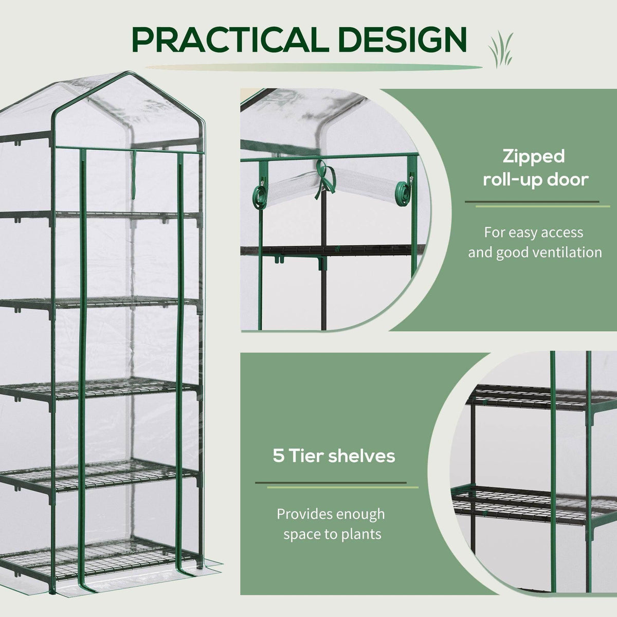 Green metal greenhouse with clear cover, zippered roll-up door and five-tier shelves