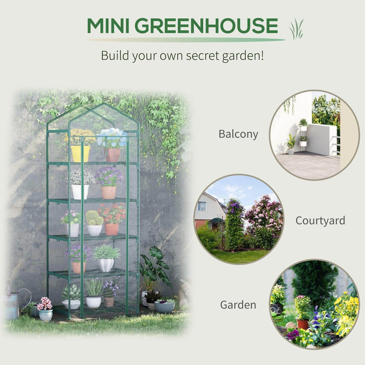 Portable mini greenhouse with clear cover and green frame, arched top with shelving