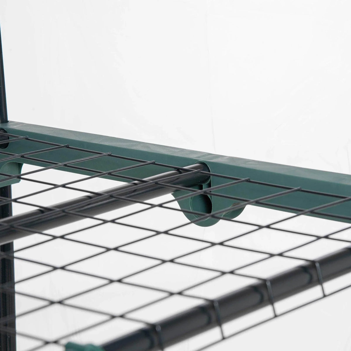Green greenhouse interior with metal wire shelving grid and clear cover above