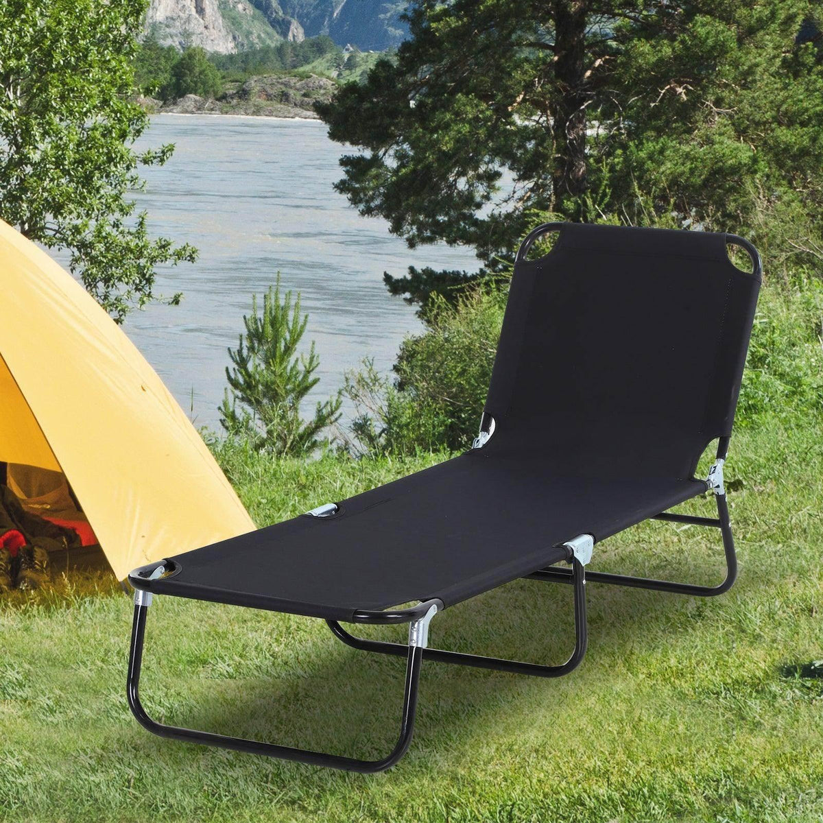 Black folding sun lounger with adjustable backrest and steel frame