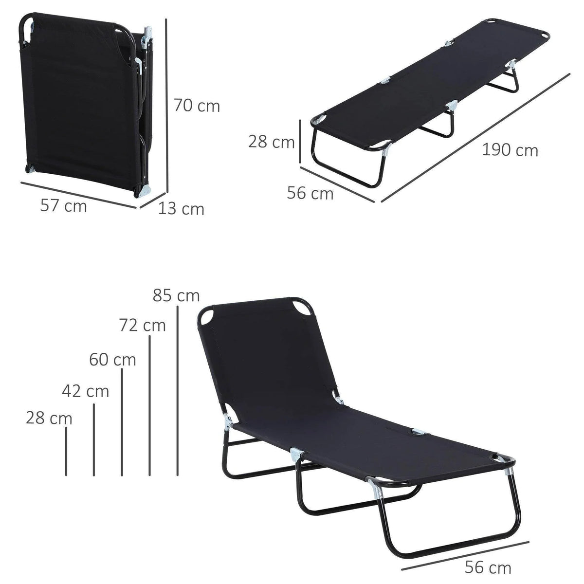 Black foldable sun lounger shown in open and folded views