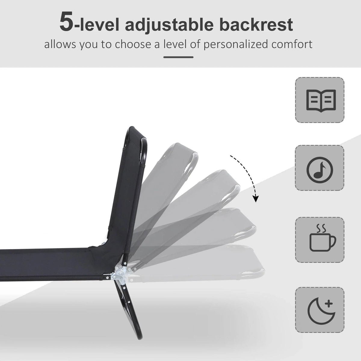 Black sun lounger with multi-position adjustable backrest