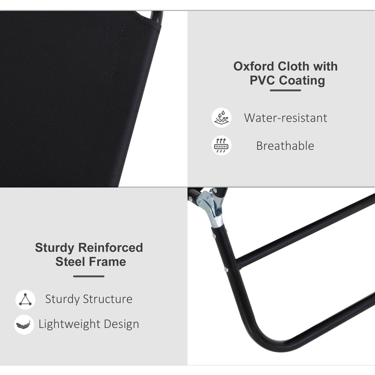Black Oxford-cloth sun lounger with reinforced steel frame and PVC coating