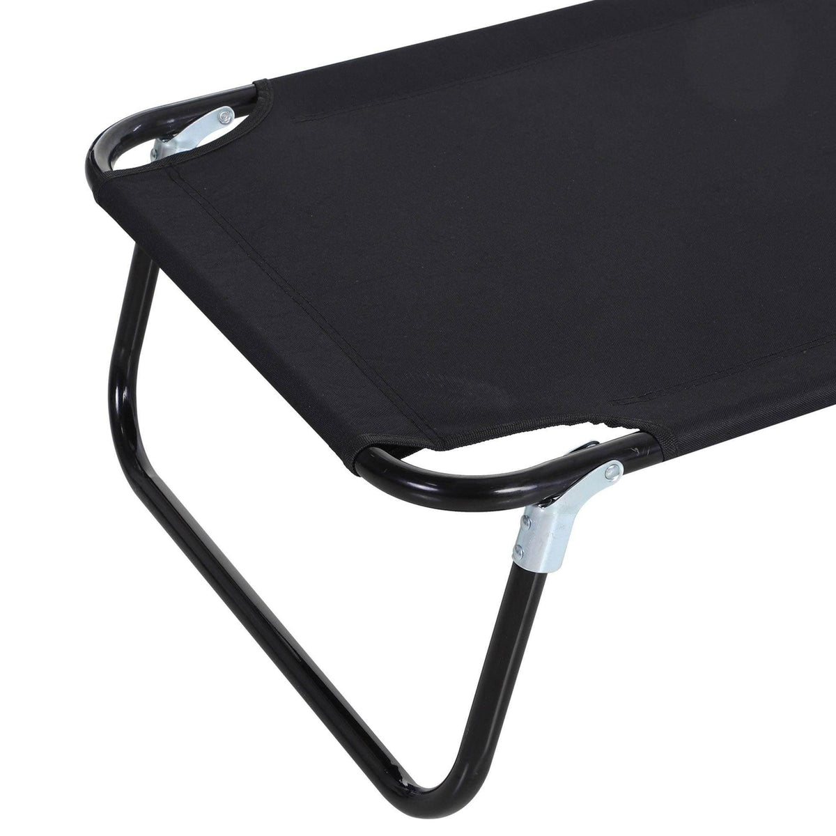 Black padded seat and backrest on a folding sun lounger