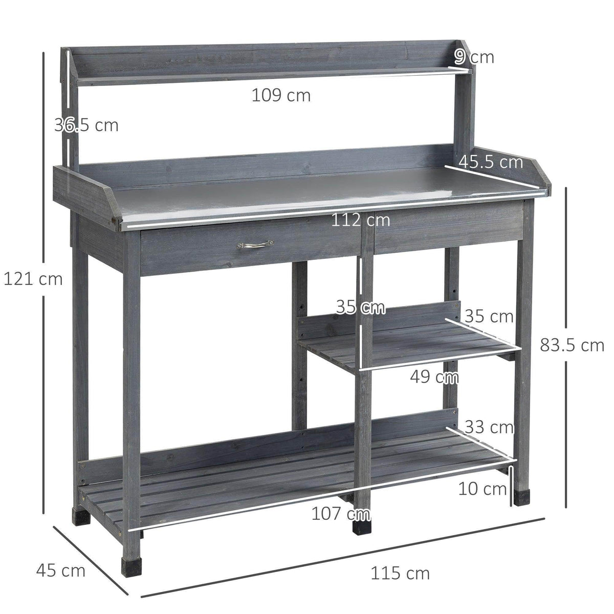Gray potting table with metal worktop and lower shelf, shown with measurement view