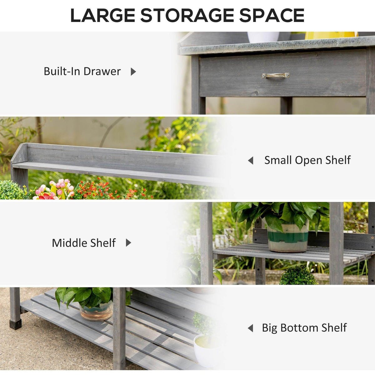 Gray potting table with built-in drawer and open shelves for storage