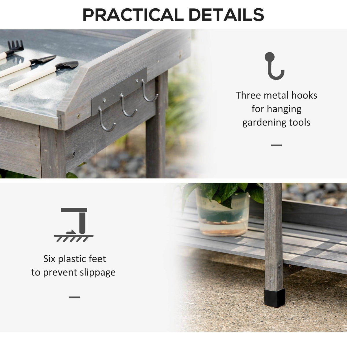 Gray potting table with three metal hooks and sturdy six-leg base