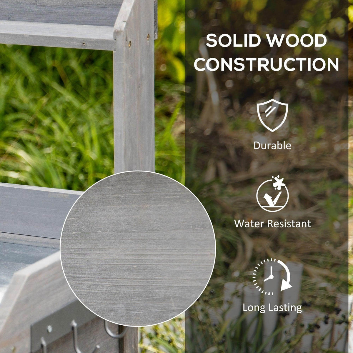 Gray solid wood potting table frame with reinforced corners and protective rail