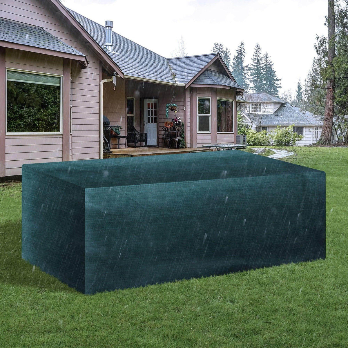 Waterproof patio set cover, dark green fabric, fitted over outdoor furniture