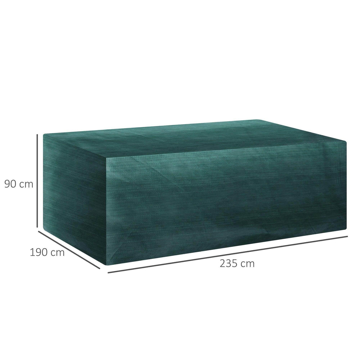 Rectangular patio set cover in dark green with straight edges and size markings