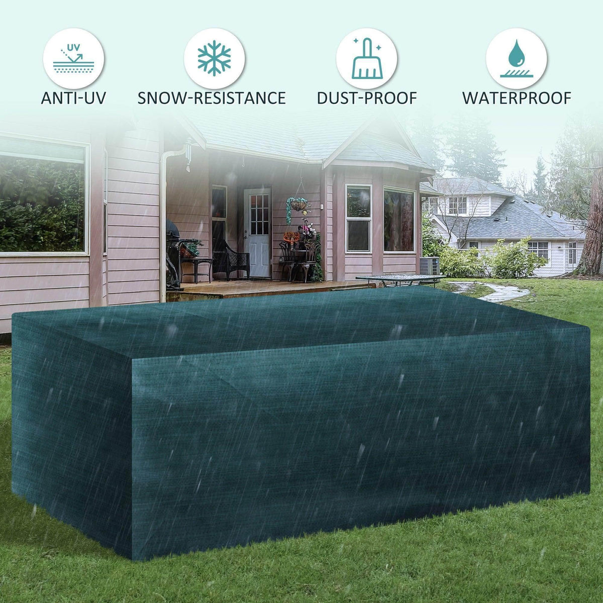 Waterproof dark green patio set cover draped over outdoor seating set