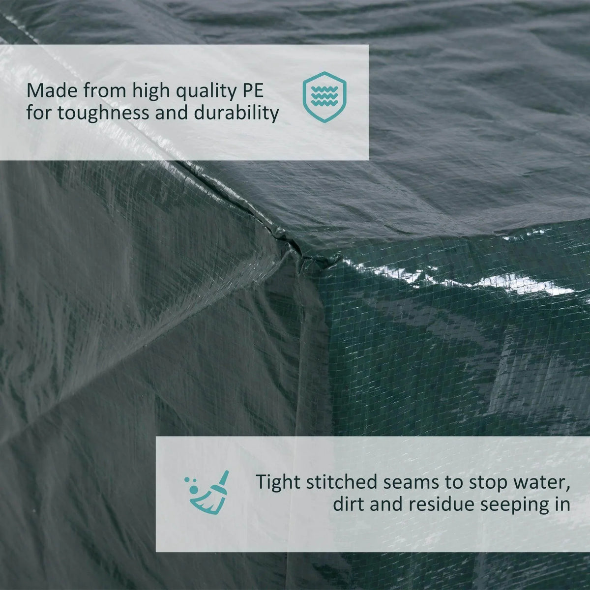 Dark green PE patio cover with tight stitched seams to resist water seepage