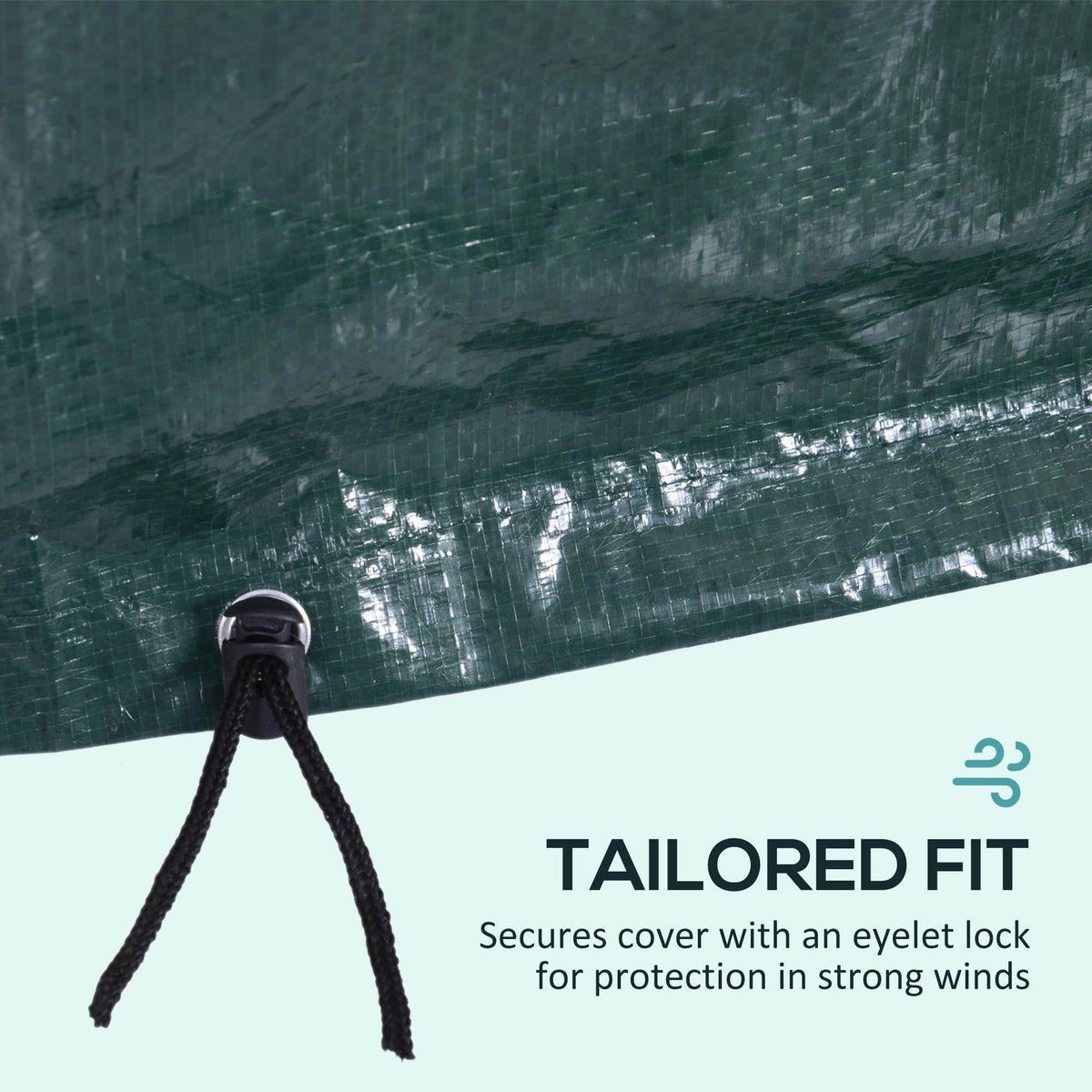 Dark green patio cover fabric with tailored fit eyelet tie for wind protection