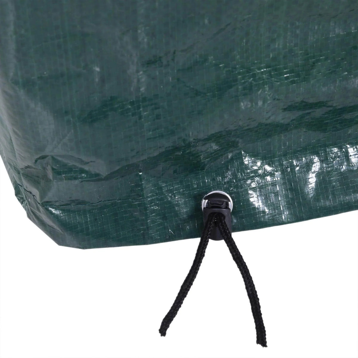 Dark green patio cover with adjustable tie loop at the hem for secure fastening