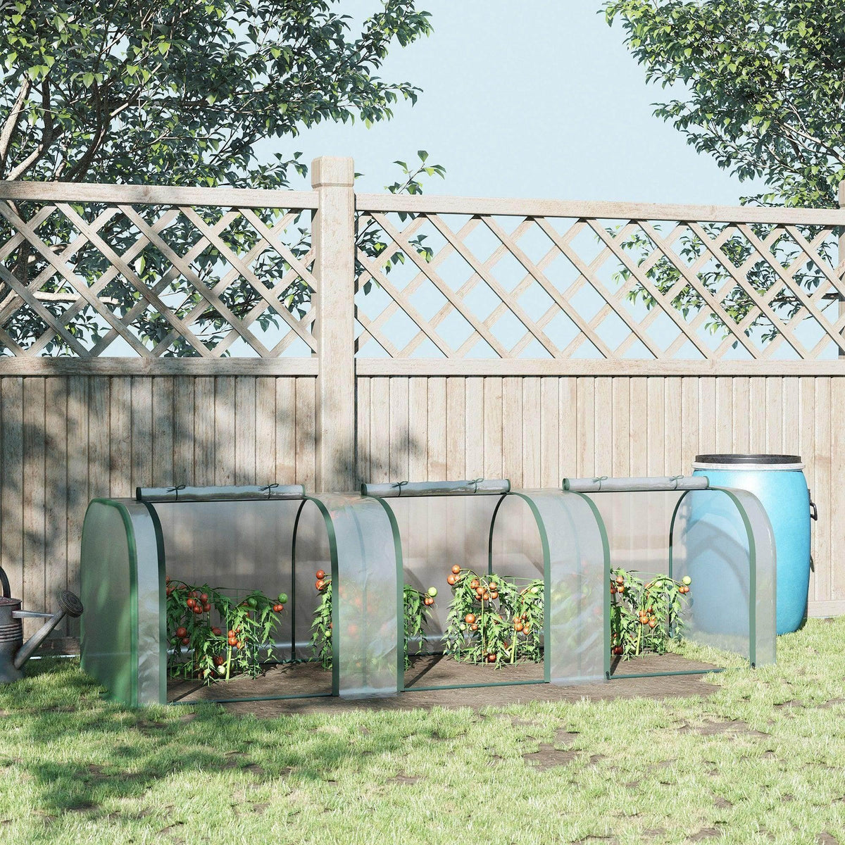 Tunnel greenhouse with clear PE cover, green metal frame, and zippered front panels