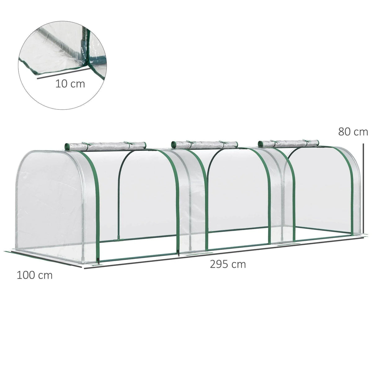 Compact tunnel greenhouse in clear cover with green steel frame, side view