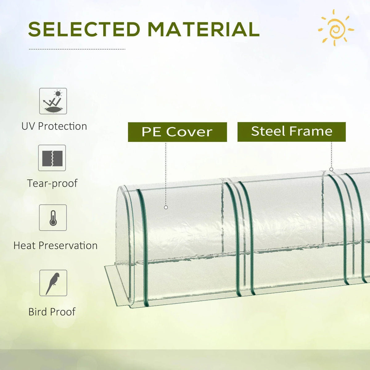 Tunnel greenhouse cover details: clear PE film with green steel frame arches