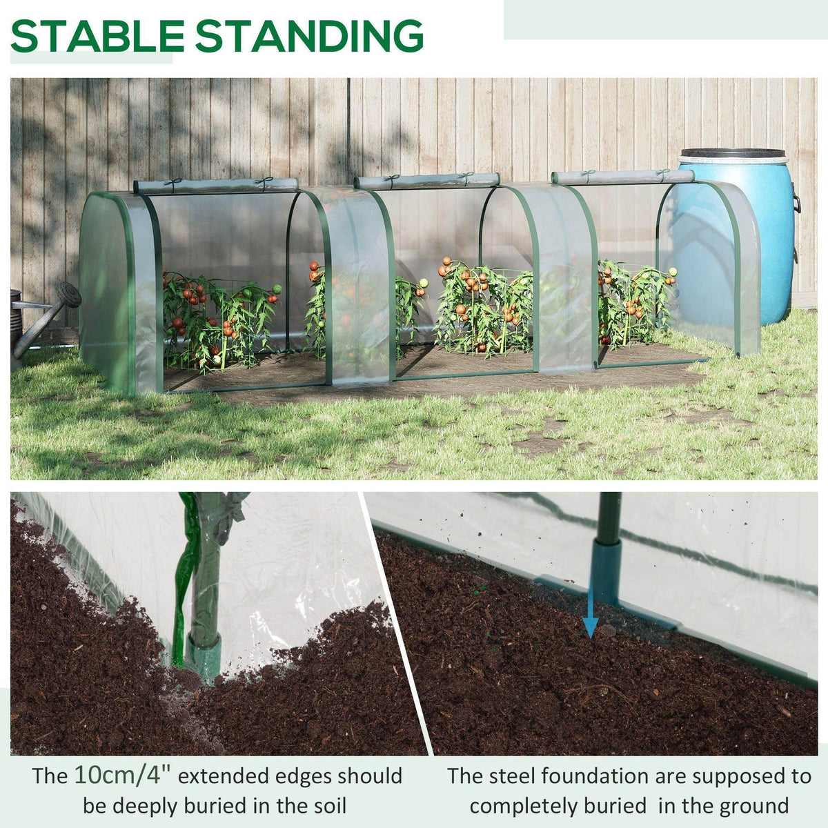 Tunnel greenhouse with clear cover, green arches, and zippered doors for access