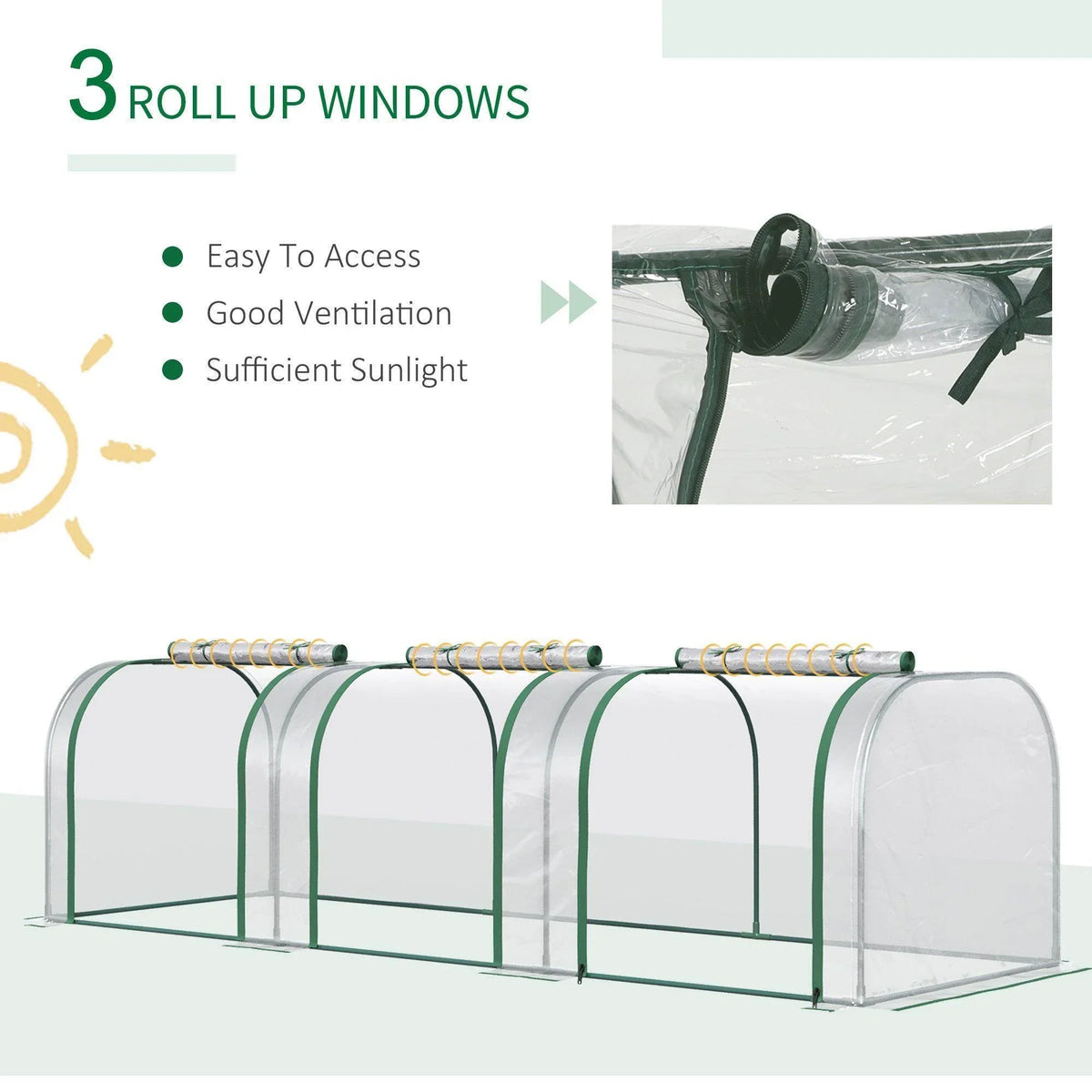 Tunnel greenhouse with clear roll-up windows and green frame, closed side view