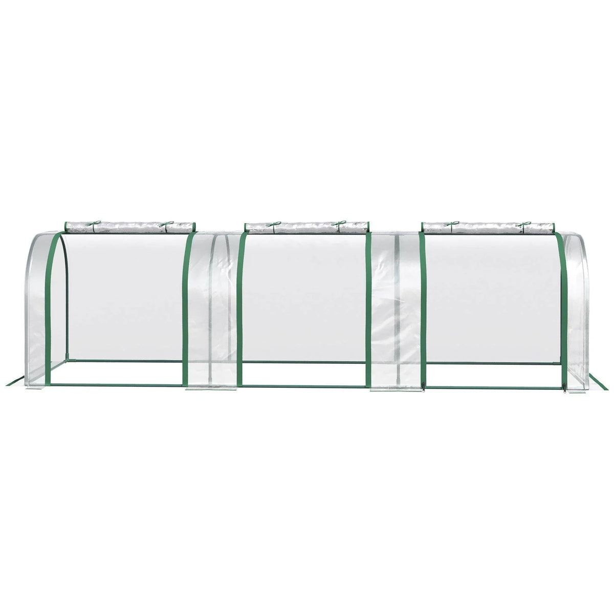 Tunnel greenhouse with clear side walls and roof, green metal arch frame