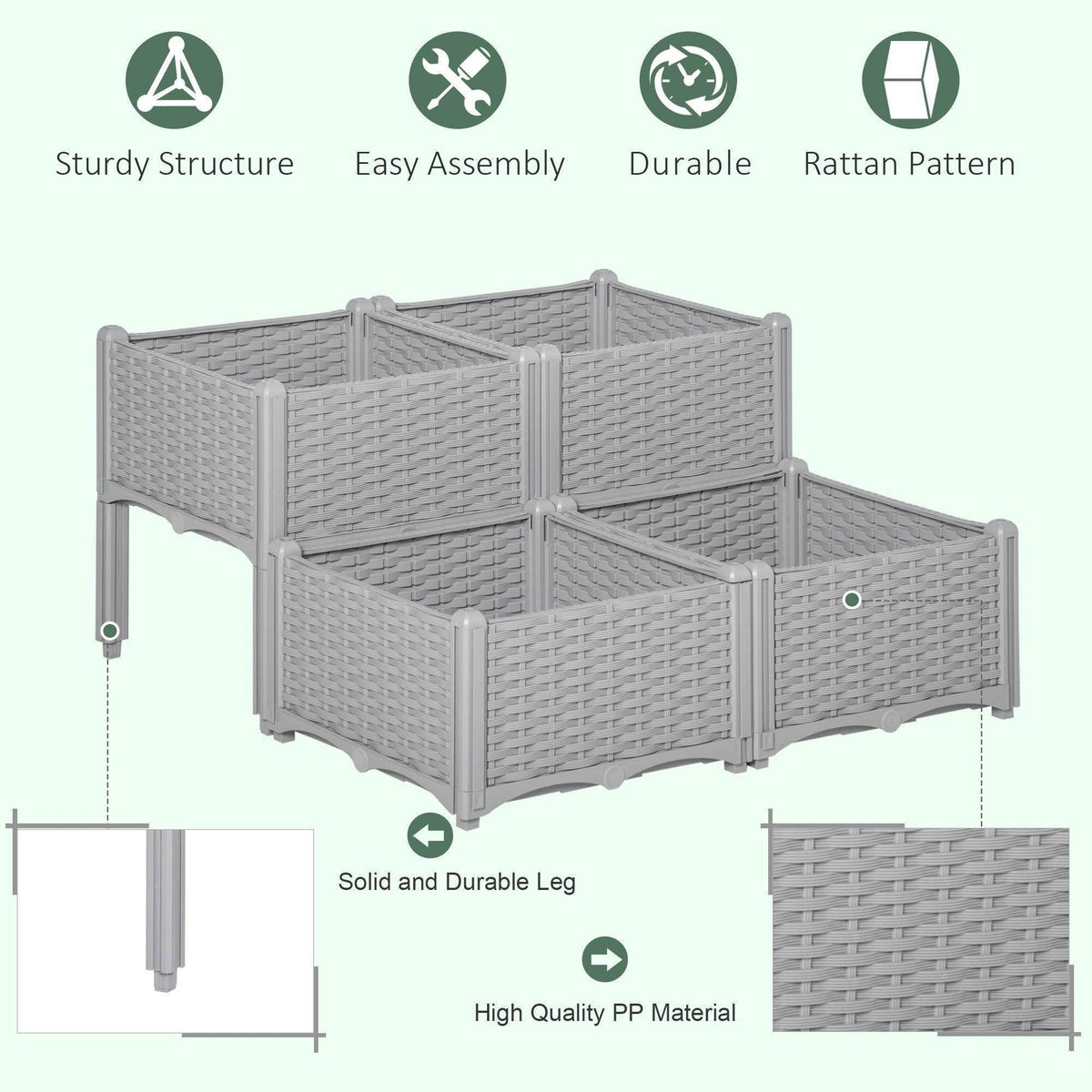 Light grey raised garden bed set with woven rattan-style pattern and corner panels.