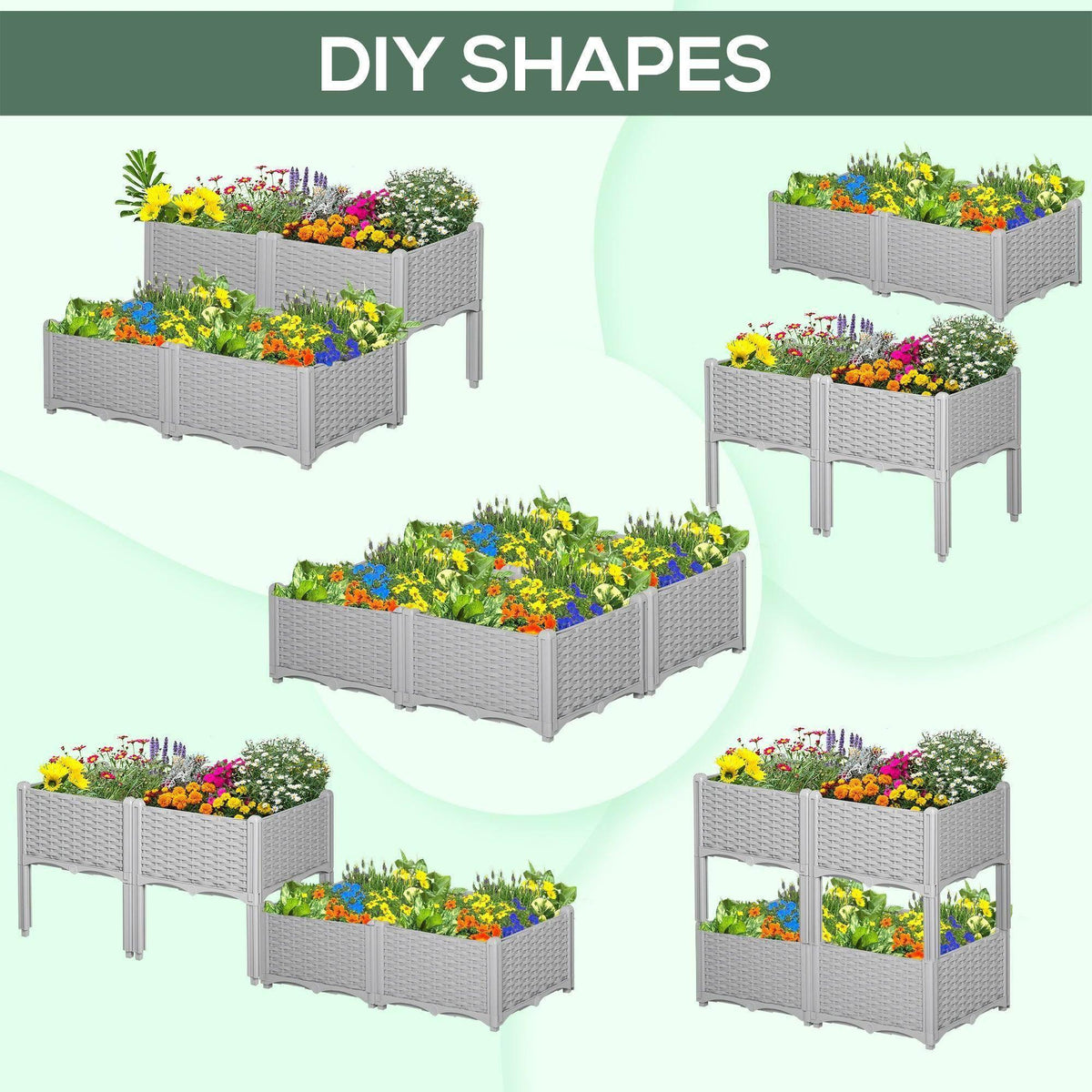 Grey raised garden bed set shown in various corner shapes and sizes.
