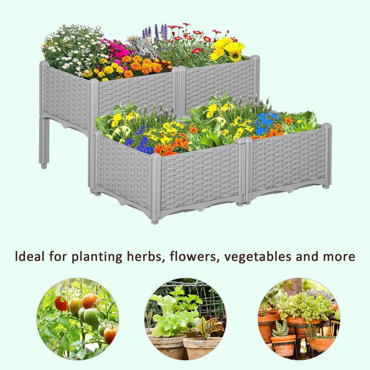 Light grey raised garden bed set with woven sides, holding colorful flowers and herbs.