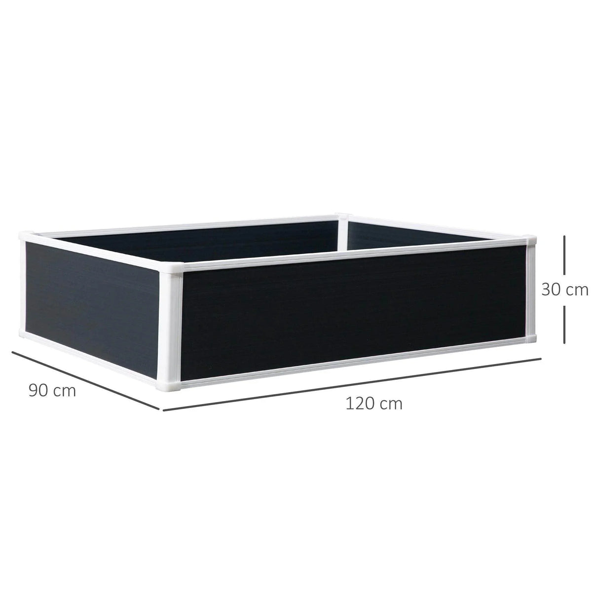Raised garden bed planter, dark interior with white frame, side view with size markings