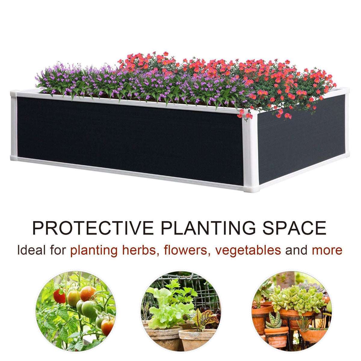 Raised garden bed planter with dark walls, white frame, planted with pink and red flowers