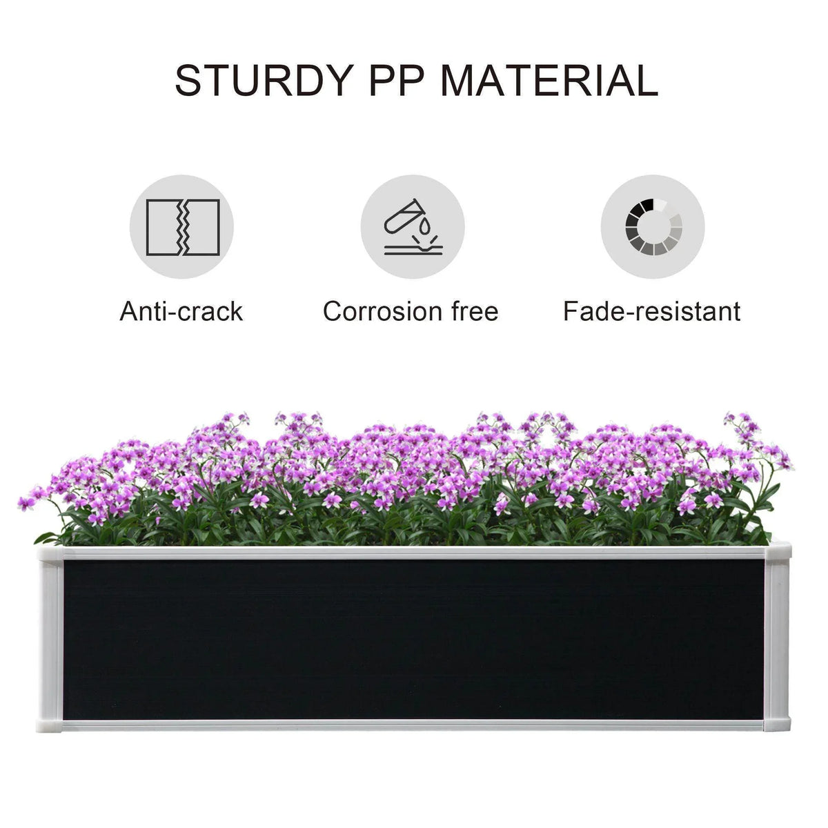 Raised garden bed planter with dark panels, white frame, purple flowering plants