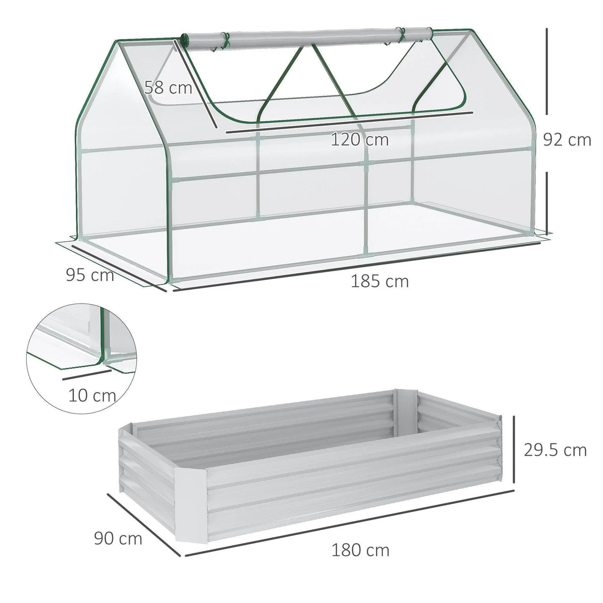 Raised planter box with gray open-bottom design and side panels; included dimensions diagram.