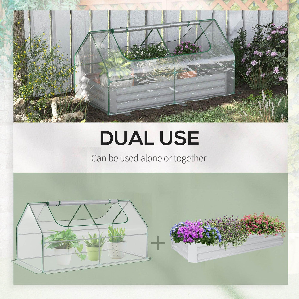 Raised planter greenhouse with clear plastic sides, green frame, and planted bed inside.