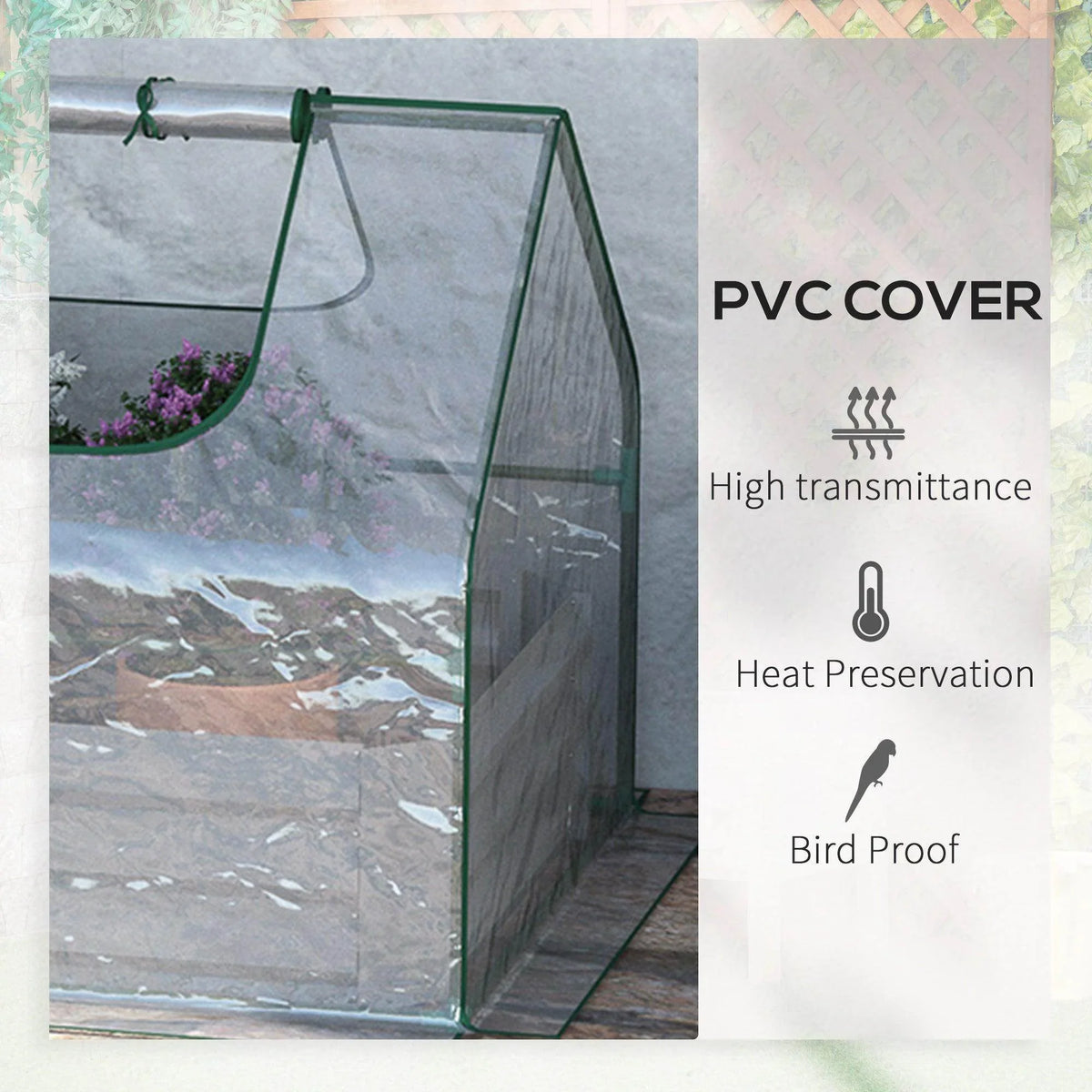 Green-framed greenhouse with clear PVC cover over a raised planting bed.