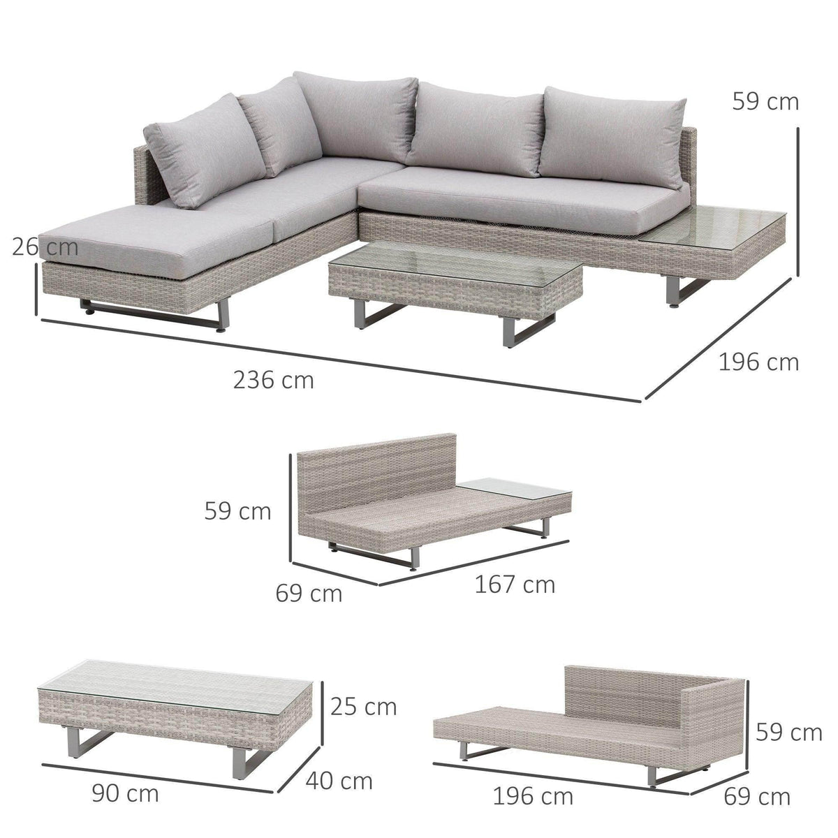 Gray rattan corner sofa with chaise and two woven side tables, with bench cushions