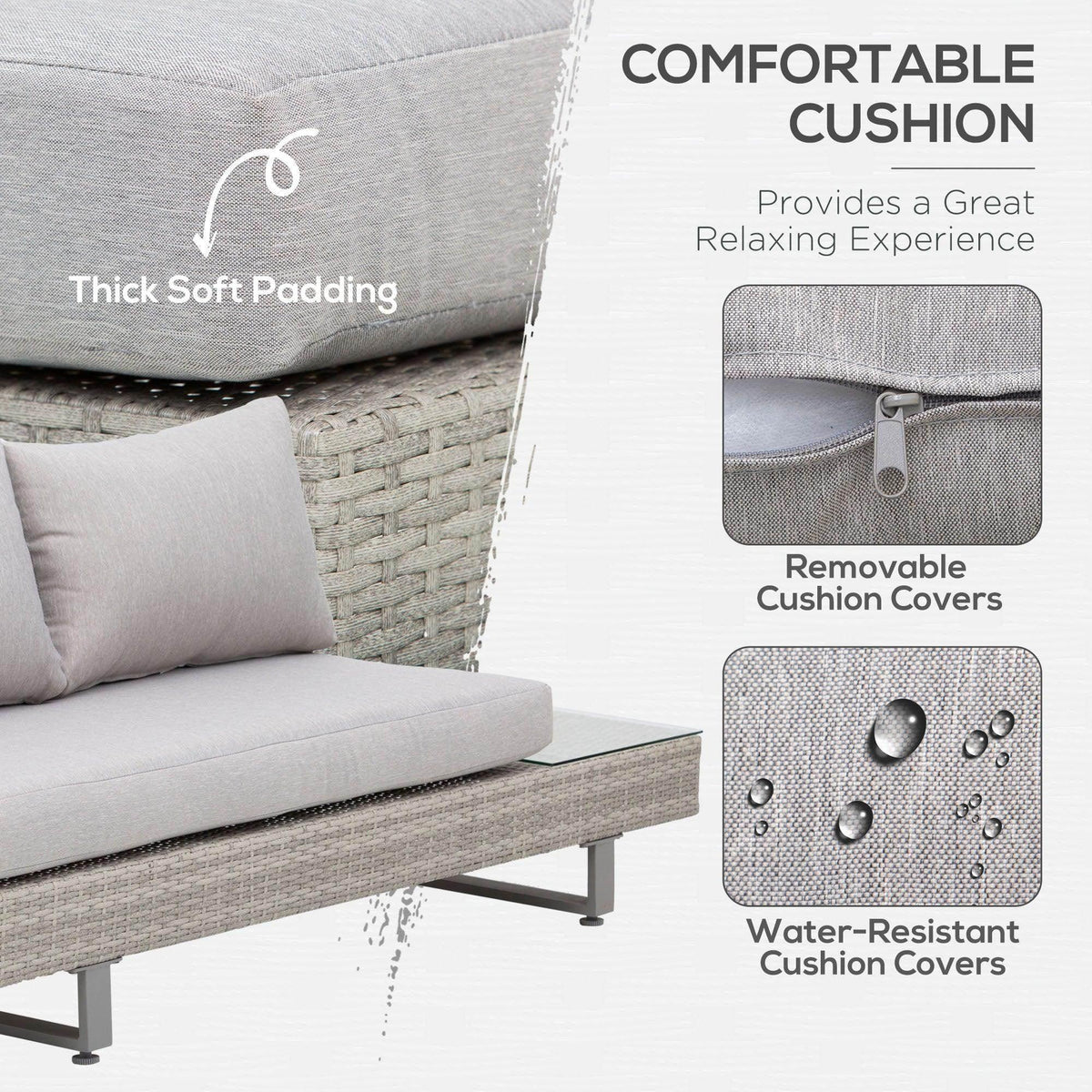 Outdoor corner sofa seat with thick light gray cushion and removable cushion covers