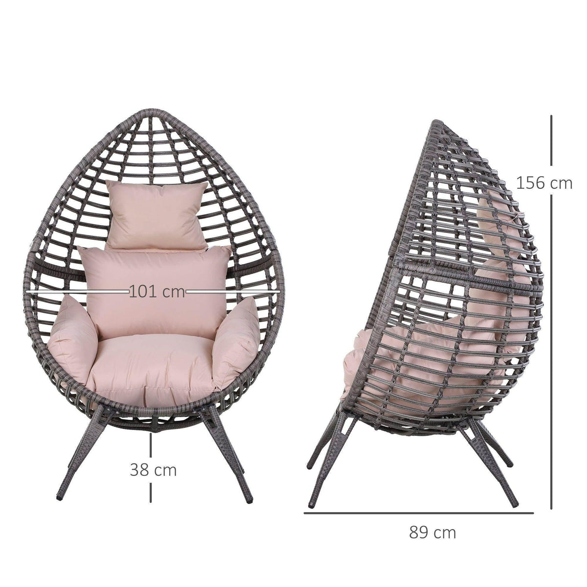 Teardrop rattan egg chair with light pink cushions, front and side size view