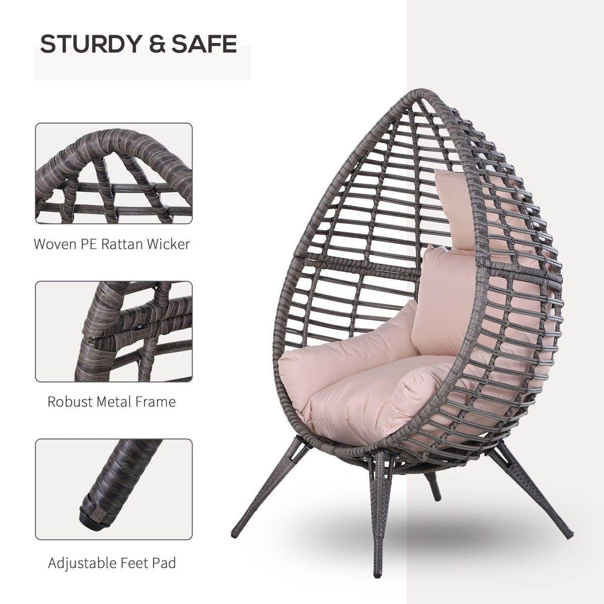 Teardrop rattan egg chair with sturdy metal frame, adjustable feet pads, dark woven shell