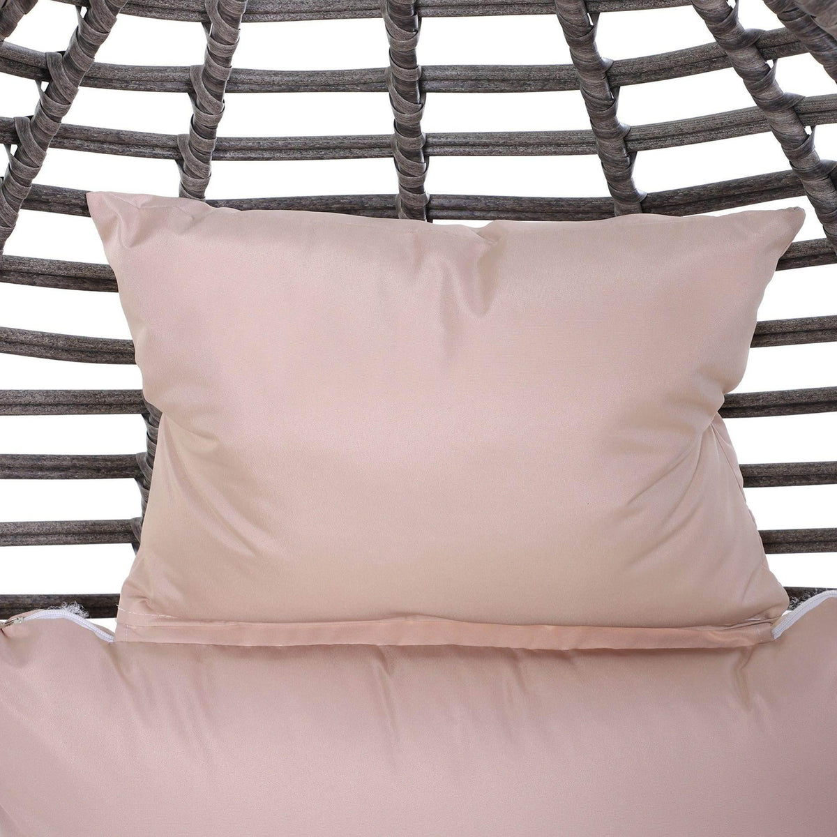 Teardrop egg chair back cushion in light pink fabric with strap attachment