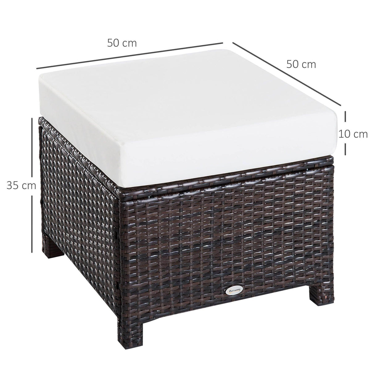 Square brown rattan ottoman with white seat cushion and black trim, side view.