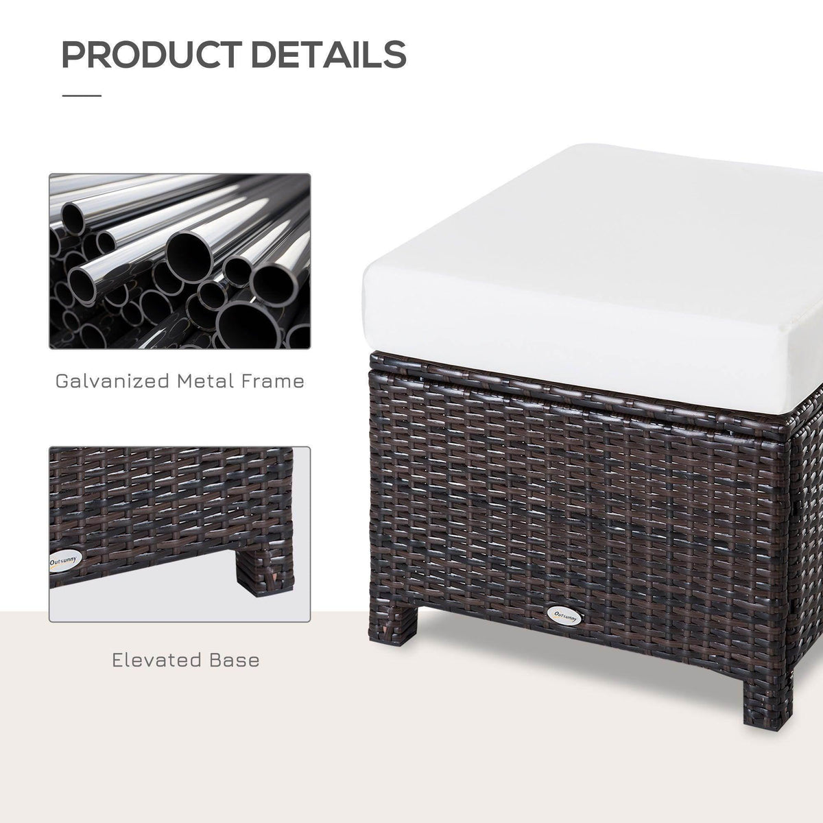 Brown rattan ottoman with white cushion, elevated base and woven side panels detail.